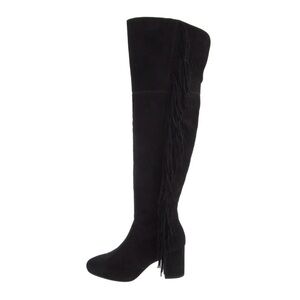 Frye Black Suede Over the Knee Fringe Boots